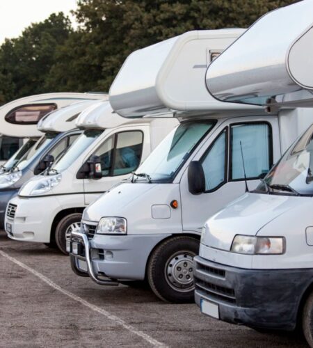 Motorhomes parked at motorhome campground.